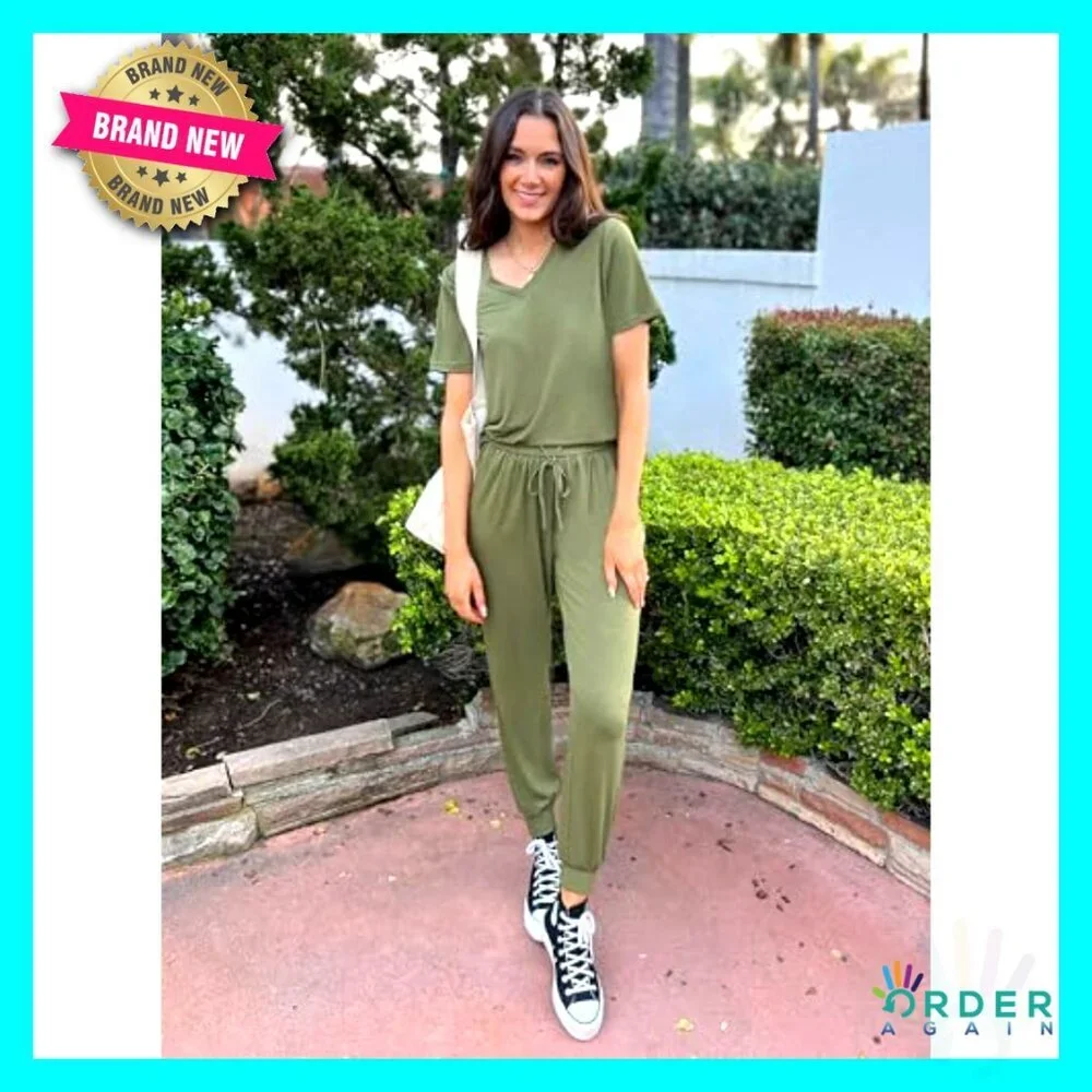 V-Neck Short Sleeve Tops Long Pants Tracksuit Lounge Jogger Set with Pockets